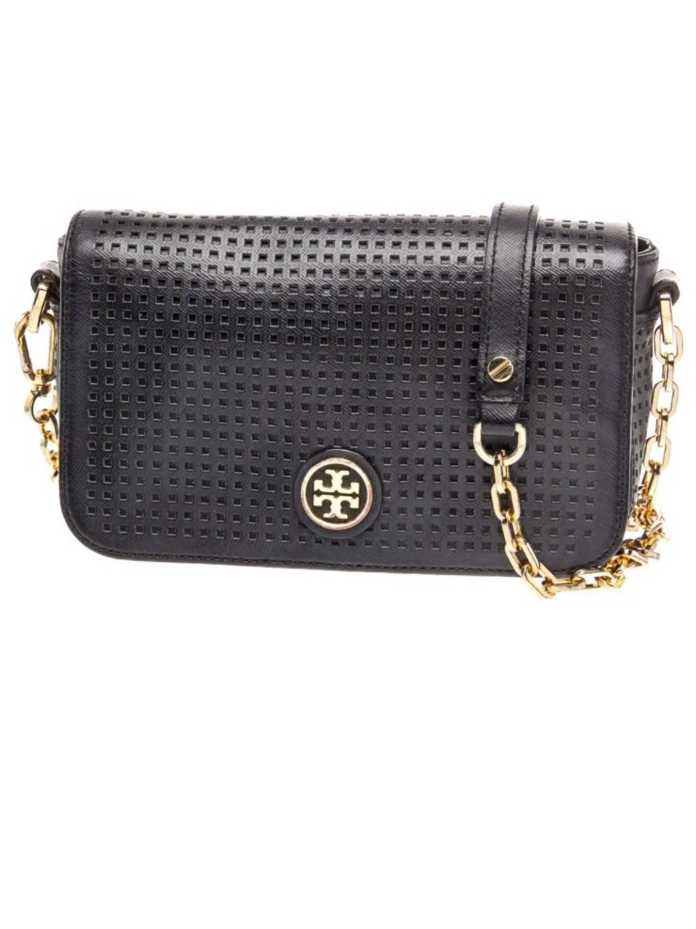 TORY BURCH Robinson Perforated Leather Crossbody Bag, black
